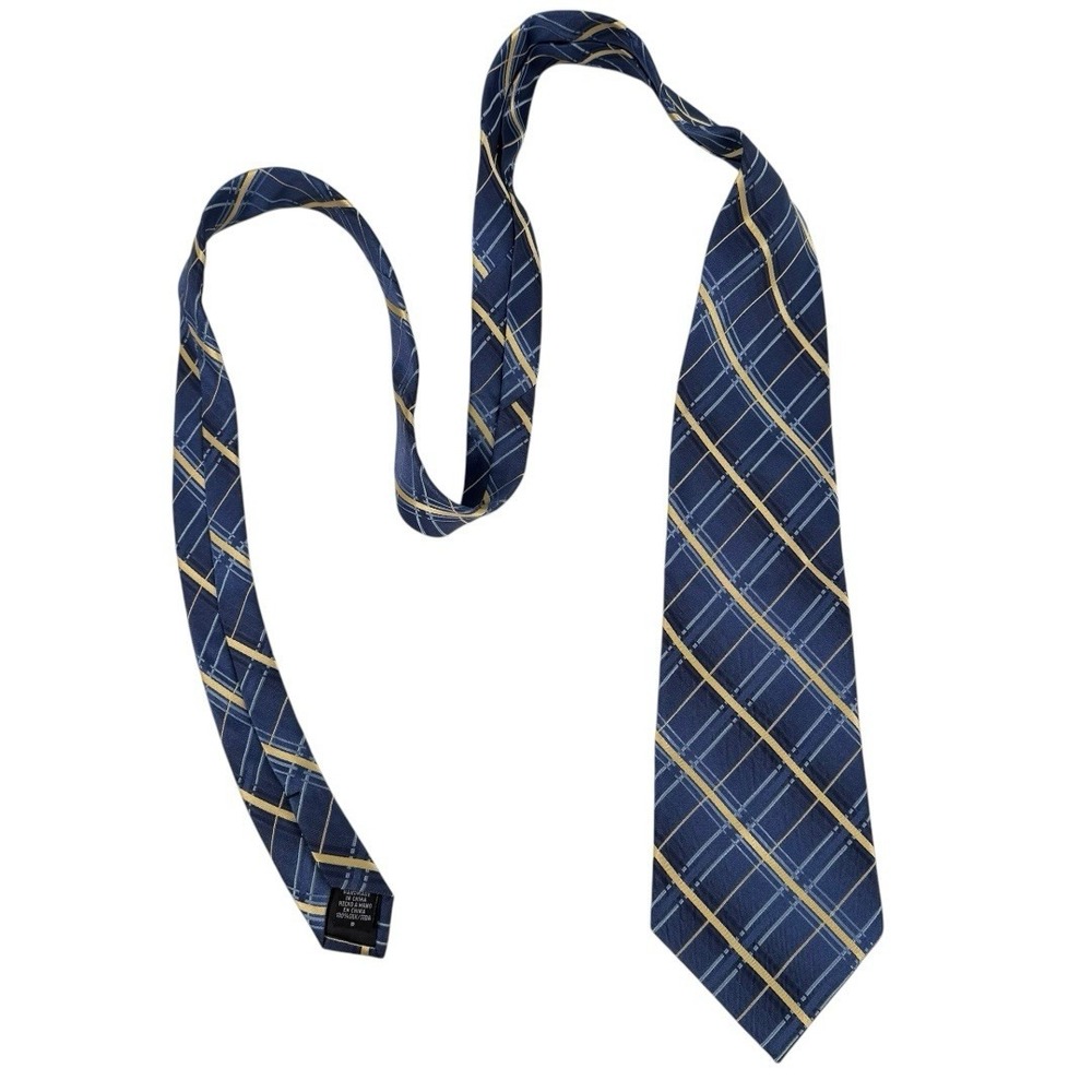 Handmade Silk Necktie Blue Gold Plaid Pattern Business Casual